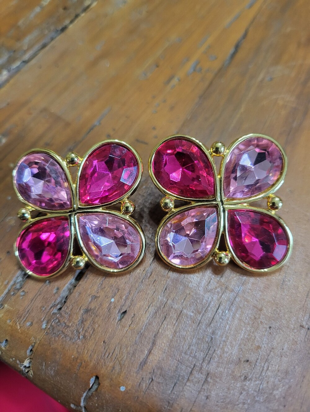 Vintage Napier Gold-Tone Pink Gemstone Flower Clip-On Earrings